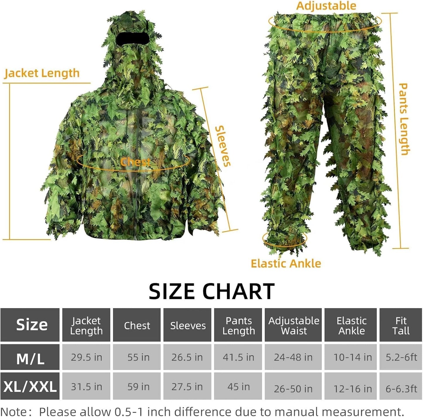 HYOUT Hooded Ghillie Suit Camo Suit Woodland Forest Military 3D Green Leafy Clothing Costume for Jungle Halloween Party