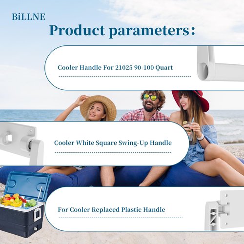 BiLLNE 2 Pack - 21025 Cooler Replacement Handles for 90-100 Quart Cooler,White Plastic 4 Holes Handles (Kit Includes 8 Screws)