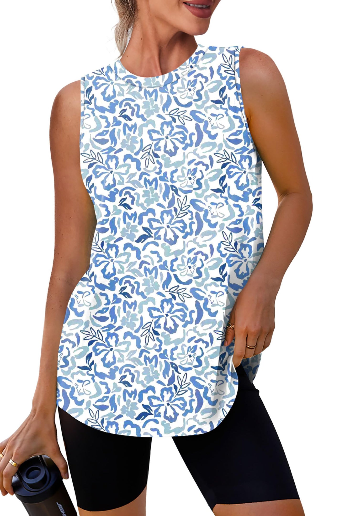 Womens Workout Tops Tank Tops Yoga Shirts Athletic Running Sleeveless Gym Clothes High Neck Athletic Running Shirts Blue Print XXL