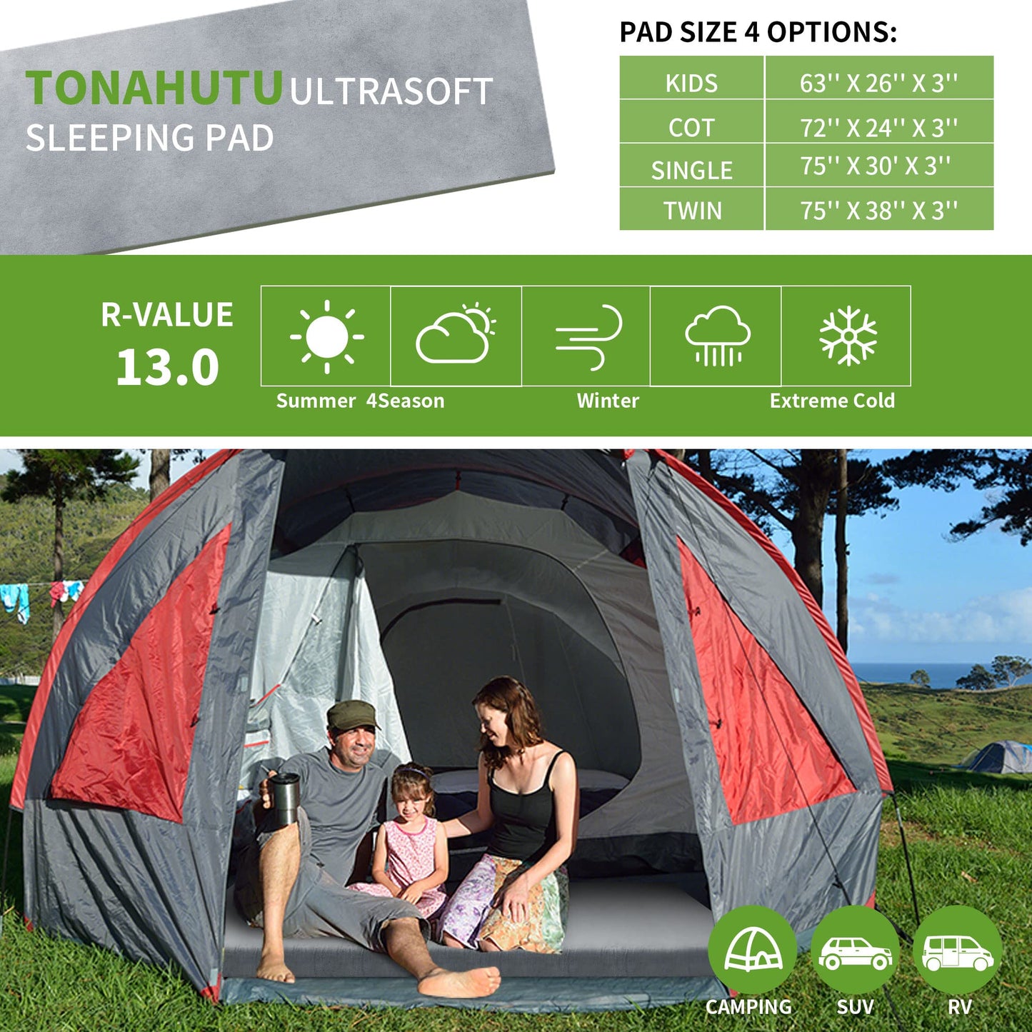 TONAHUTU Memory Foam Camping Mattress Pad, Portable Sleeping Pad Roll Up Travel Mattress Waterproof Foldable Floor Cot Mattress Guest Bed for Sleepover 72'' x 24'' x 3''