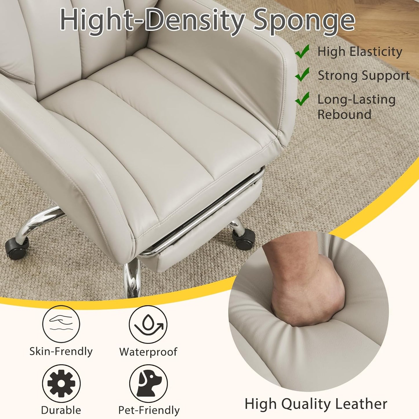Ergonomic Cross Legged Office Chair with Footrest,Leather Big and Tall Executive Chair with Wheels,Reversible Armrest and Lumbar Pillow,135° Reclining Computer Wide Desk Chair for Home,Office (Beige)