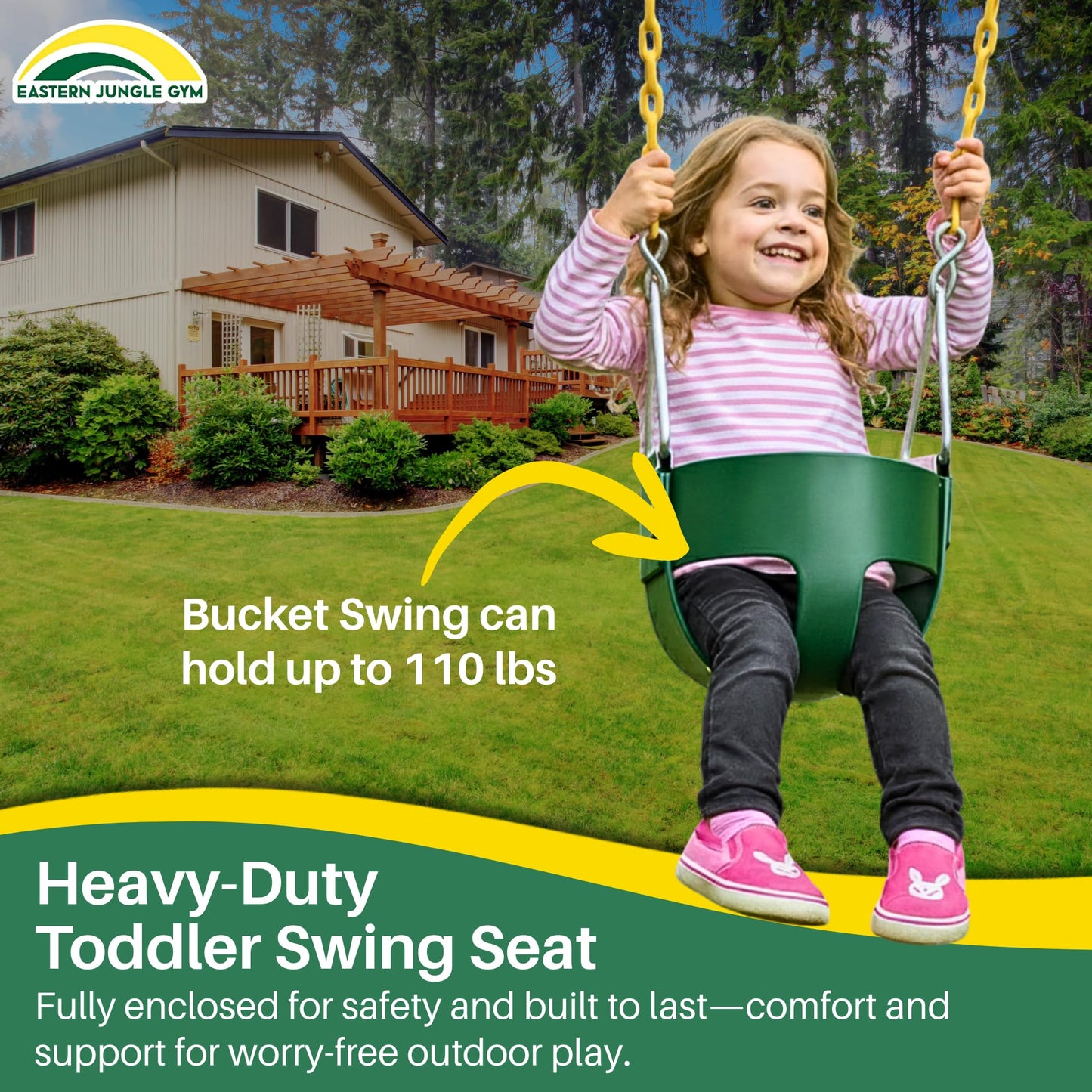 Eastern Jungle Gym Heavy-Duty High Back Full Bucket Toddler Swing Seat | Coated Swing Chains Fully Assembled | Green Swing Set Accessory
