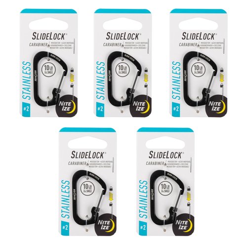 Nite Ize SlideLock Carabiner Stainless Steel - Key Holder for Daily Use - Secure Keychain Organizer with Lock - Lockable Carabiner Fits Multiple Keys - Size 2, Black (5 Pack)