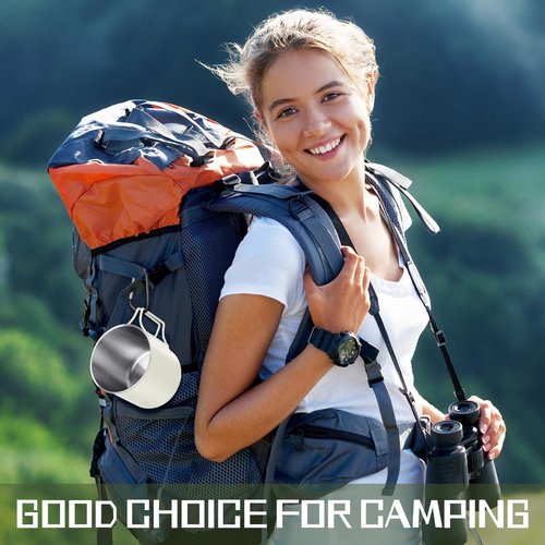 Zhehao 12 oz Camping Mugs Set of 4 Metal Camping Coffee Cups Stainless Steel Cups with Folding Handles D Ring Portable Backpacking Mugs Travel for Outdoor Hiking Climbing Picnic Party