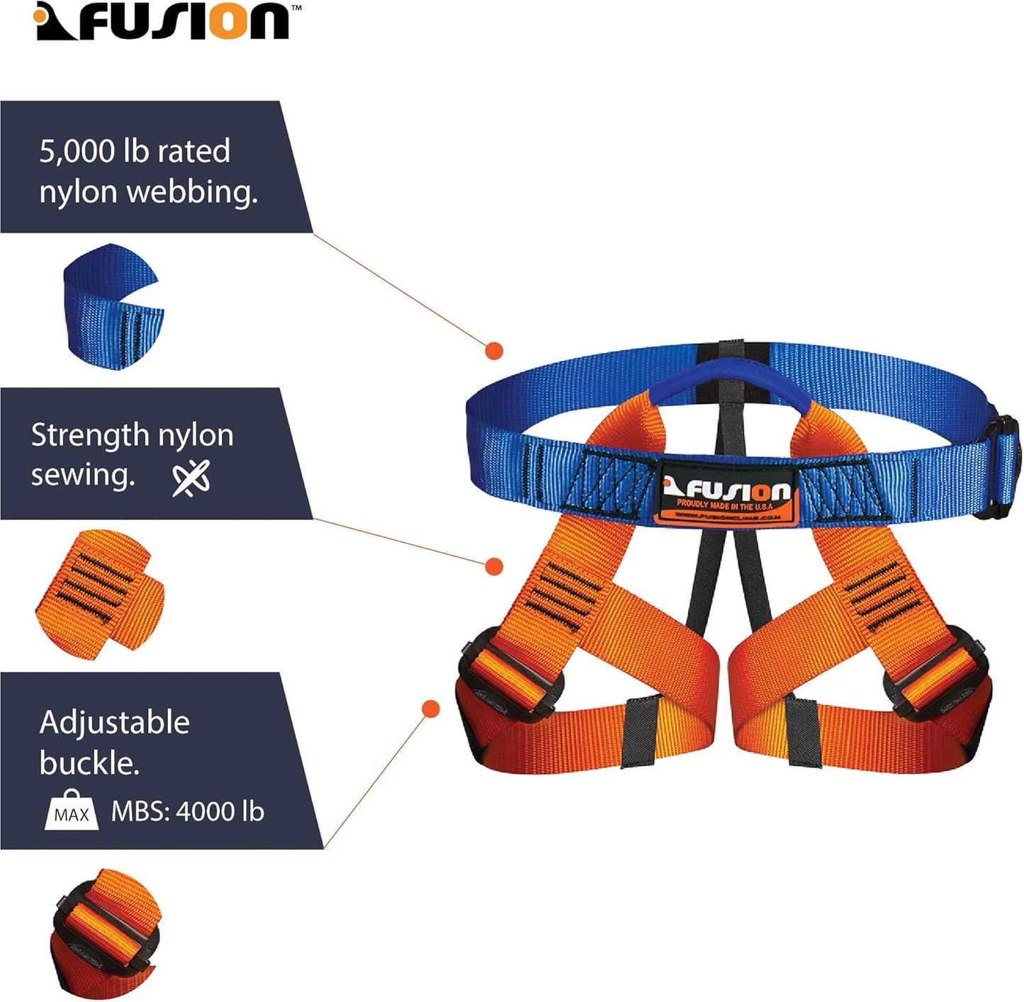 Fusion Adjustable Outdoor Strap Kit for Kids – Padded Belt with Leg Loops for Tree Adventures, Indoor Obstacle Play & Gear Attachment – Blue/Orange