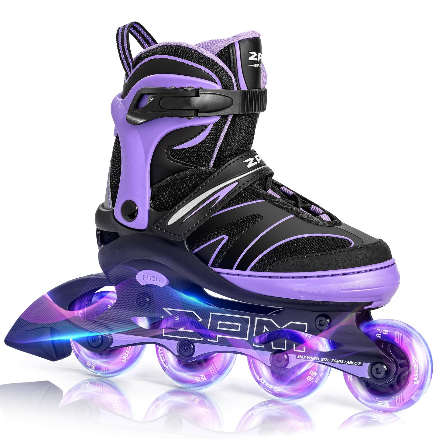 2PM SPORTS Kids Adjustable Inline Skates Ages 4-12, Youth Inlie Skates for Girls Boys 5-8 8-12 with Full Light Up Wheels, Beginner Women Men Adult Skates - Purple Medium
