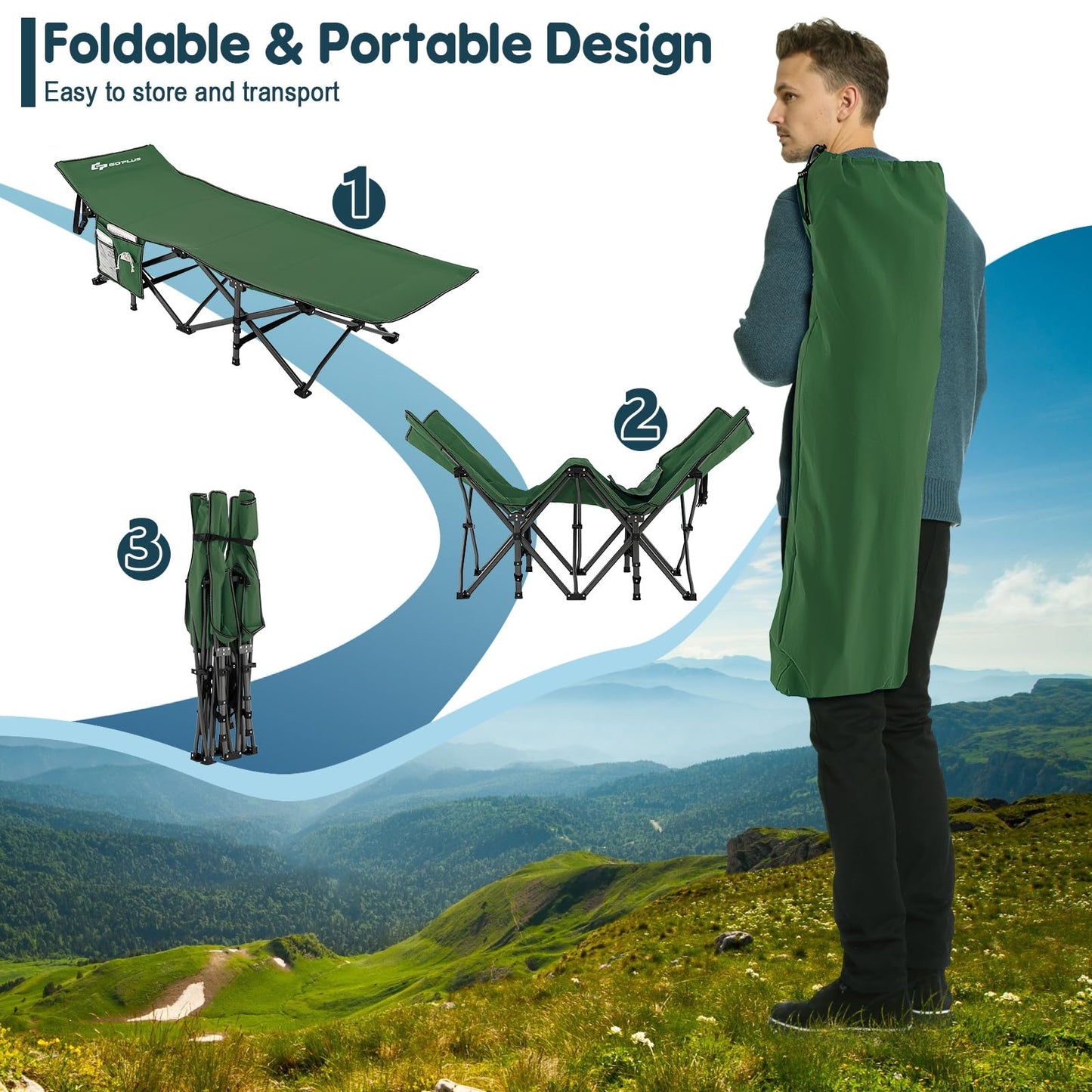 Goplus Folding Camping Cot, 27.5" Sleeping Cot for Adults with Carry Bag, 600LBS Weight Capacity, Slanted Head, Side Pocket, Heavy Duty Portable Camping Bed for Kids, Beach, Office Snap (Green)