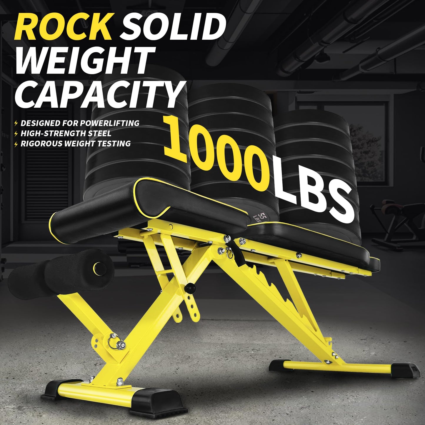 Adjustable Weight Bench,1000 LB Fast Folding Workout Bench for Home Gym Strength Training, Incline Decline Flat Utility Bench Press for Full Body Workout, Upright Storage Yellow Exercise Bench (Yellow)