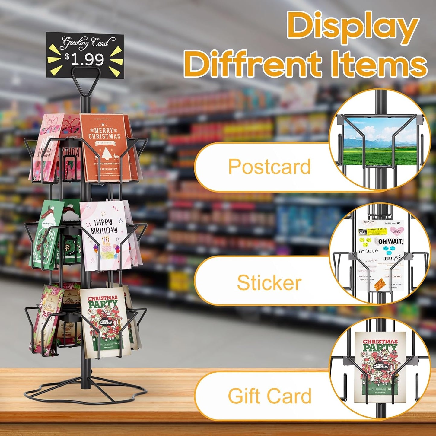 ORLESS Greeting Card Rack Display Stand, 3 Tier Rotating Card Holder Display Retail, 12 Pocket Metal Postcard Holder Display Stand, Greeting Card Holder for Postcards, Brochures, Stickers, Showcase(Black)