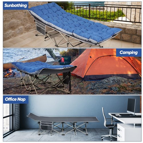 HAITRAL Portable Camping Cot with Mattress - Outdoor Folding Heavy Duty Sleeping Bed with Side Pocket for Adults - Oxford Single Lounge Chaise for Camping Tent Beach Office Max Load 300 LBS (Grey)