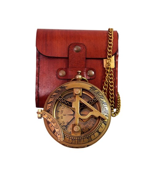 BAZROSS Vintage Brass Sundial Compass with Leather Case - Antique Brass & Copper Sun Clock for Camping, Hiking, Touring - Engraved Gift for Him - Nautical Ship Replica Watch - Sundial Clock in Box