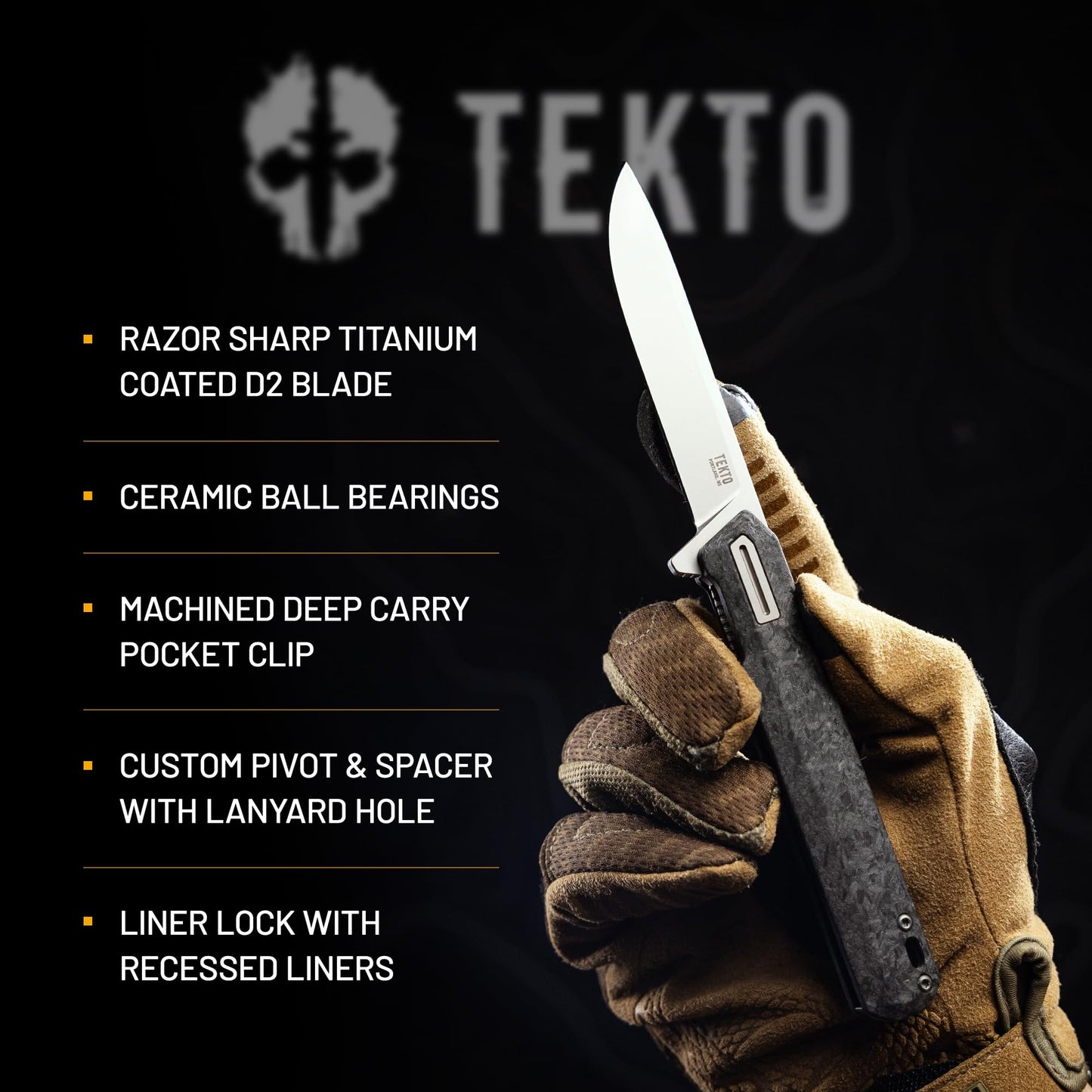 TEKTO F2 Bravo Folding Knife Pocket - D2 Steel Blade, Ceramic Ball Bearings - EDC - Snap, Swift Flip - Camping, Backpacking - 2.4oz (68g), Forged Carbon Handle, Silver Titanium Accents