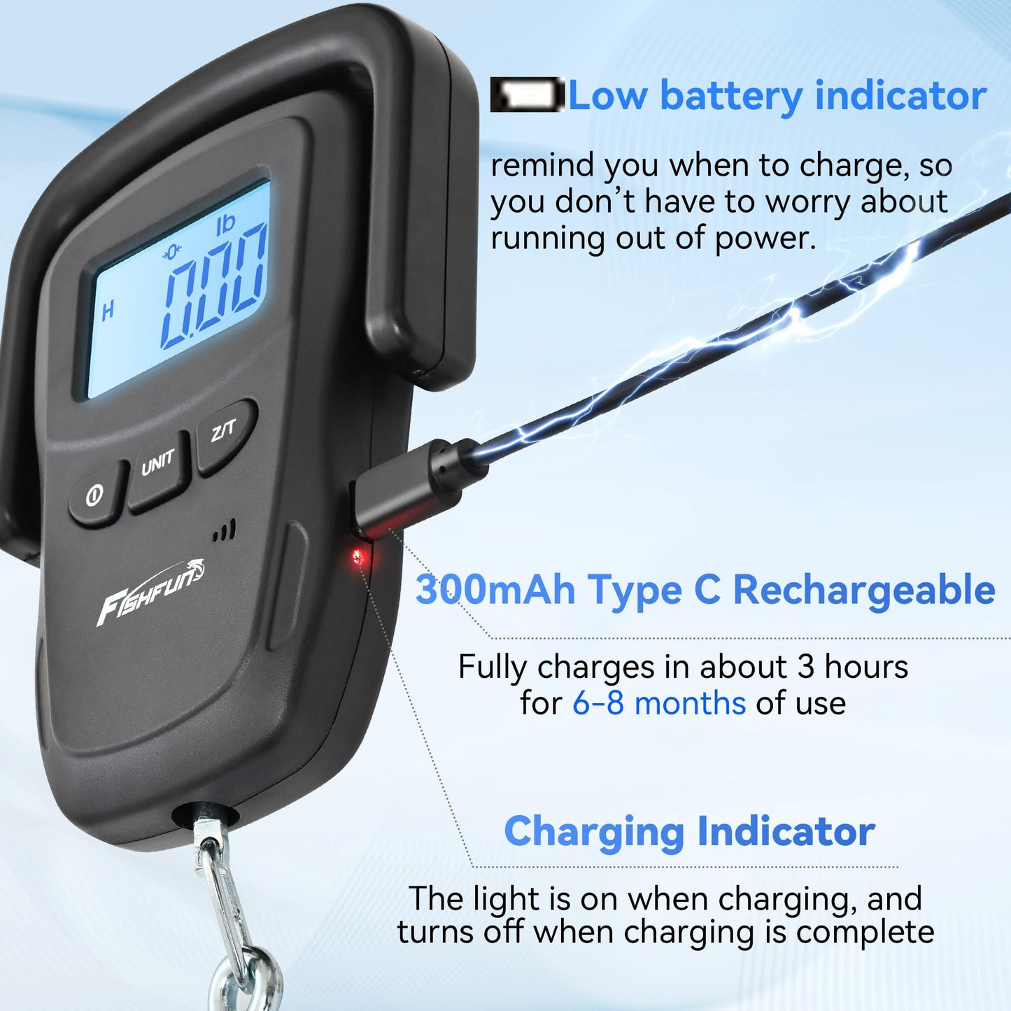 Fishfun Rechargeable Fish Scale, Digital Hanging Fish Weight Scale with Large Handle and Tape Measure for Fishing, Hunting, Outdoor, Farm, 110lb/50kg