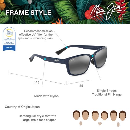 Maui Jim Lehiwa AF Square Sunglasses, Shiny Blue/Neutral Grey Polarized, Large