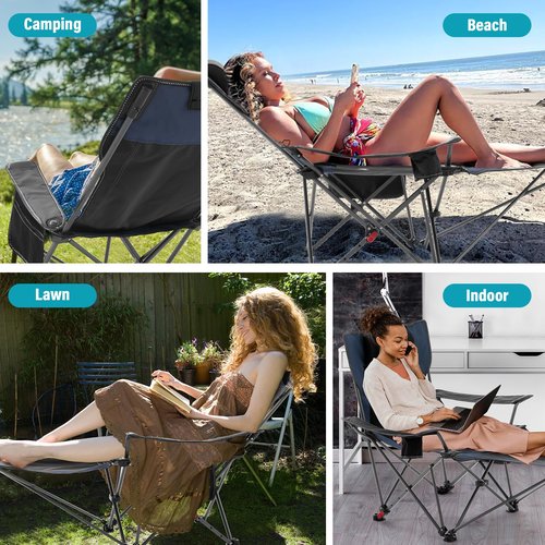 Reclining Camping Chair with Foot Rest, Folding Lounge Chair for Adults,Outdoor Chair Support 300 lbs with Adjustable Backrest &Cup Holder Portable Recliner Beach Chair for Lawn Outside,Navy
