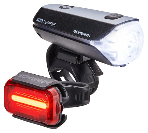 Schwinn 300 Lumen USB Rechargeable Bike Light Set, LED, Headlight and Taillight with Steady, Flash and Burst Modes, Wide-Angle Visibility, Tool-Free Install, USB-C Charging, for City and Road Riding