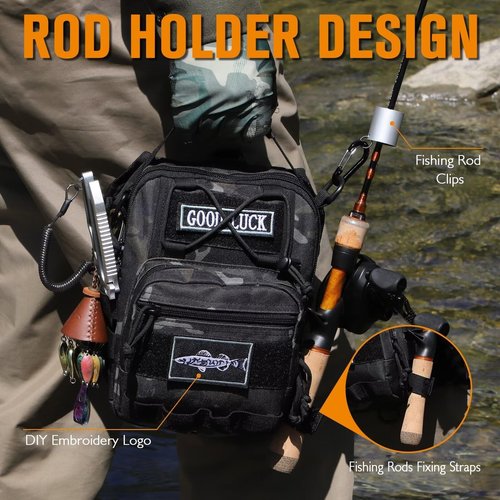Dovesun Small Fishing Backpack, Fly Fishing Sling Pack Waterproof Backpack with Tackle Boxes | Rod Holder Shoudler Tackle Bag for Men Black