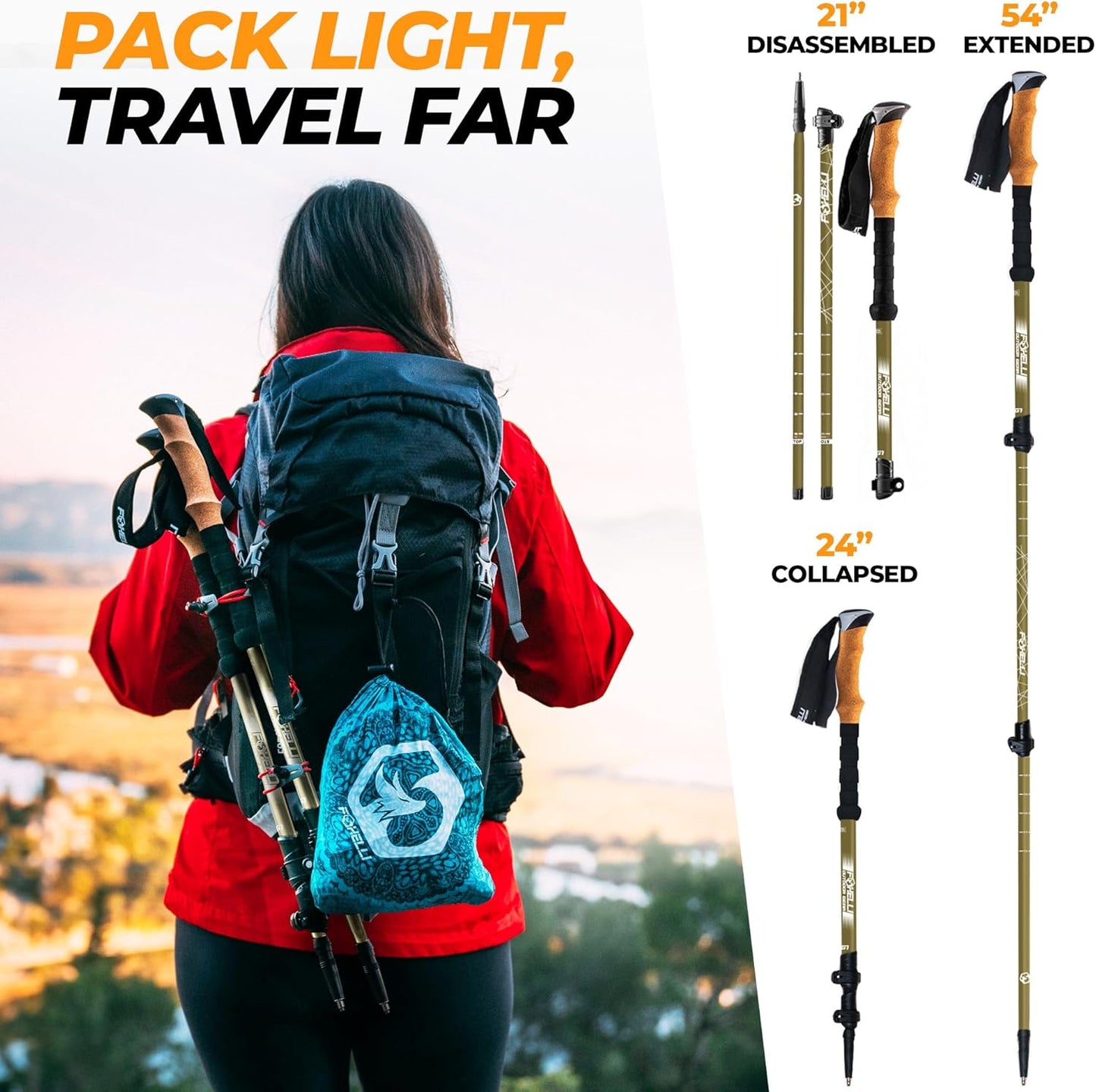 Foxelli Carbon Fiber Trekking Poles – Lightweight Collapsible Hiking Poles with Cork Grips, Lever Locks & All Terrain Accessories