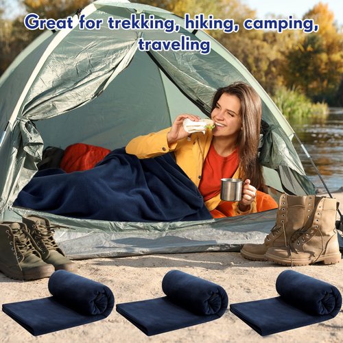 Mixweer 3 Pcs Fleece Sleeping Bag Liner for Adult Warm or Cold Weather 75" Adds 12 Degrees Fahrenheit More Warmth Zippered Camping Blanket Liner with Bag for Adult Travel(Navy Blue)