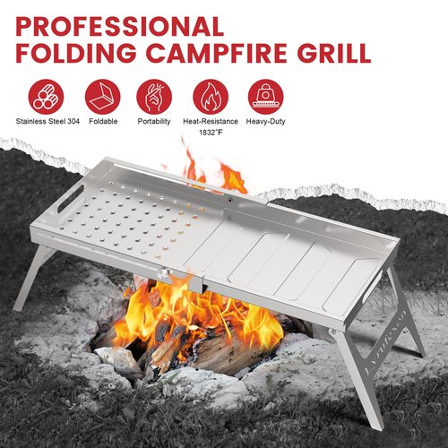 Marudina Foldable Campfire Grill Stainless Steel, 24.8"*11" Food Grade Metal, Non-toxic and Easy to Clean, Folding Camp Fire Grill for BBQ, Picnics, Backpacking, Backyards and Survival