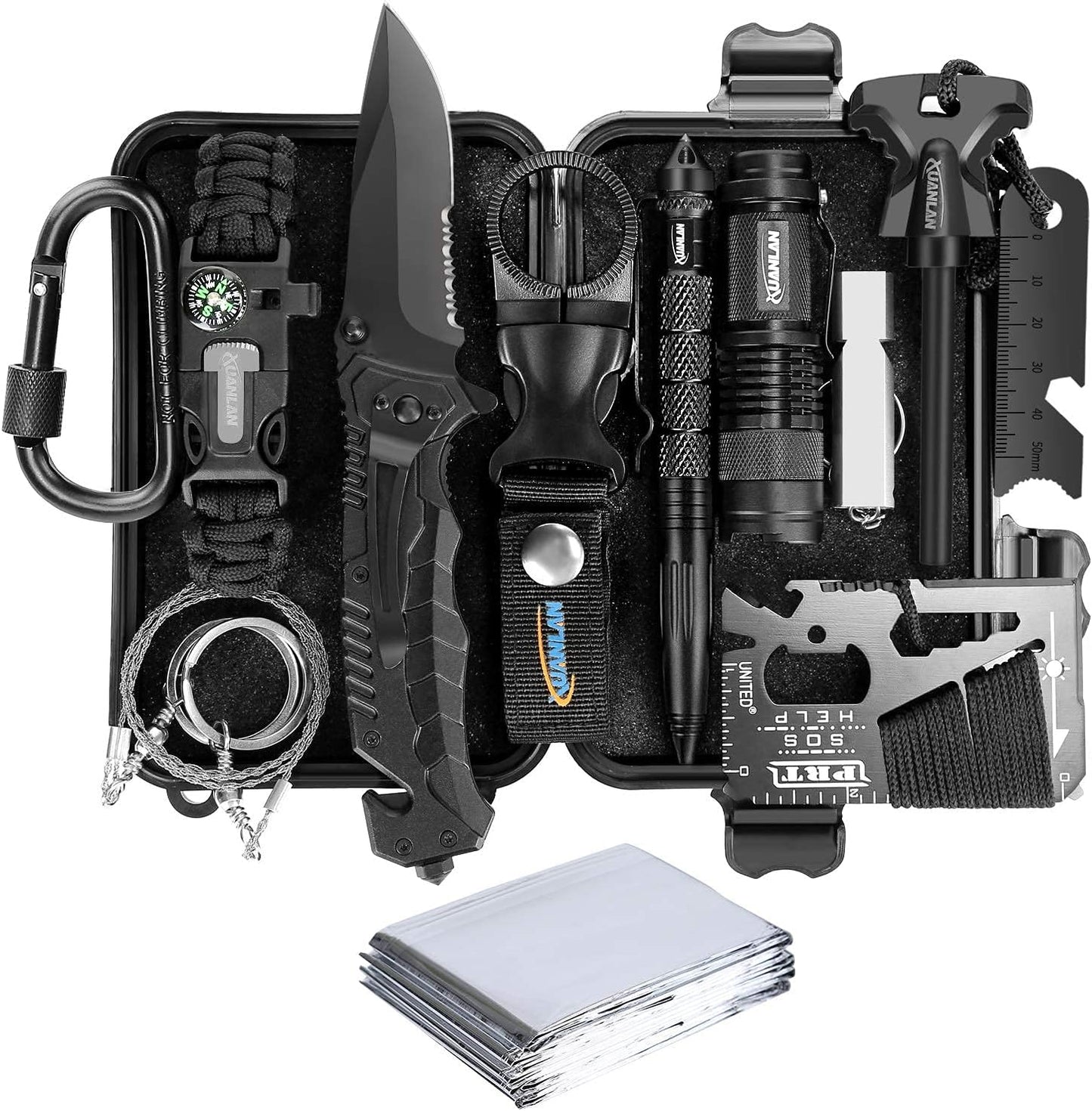 XUANLAN Emergency Survival Kit 13 in 1, Outdoor Survival Gear Tool with Survival Bracelet, Fire Starter, Whistle, Wood Cutter, Water Bottle Clip, Pen (Survival Kit 1)