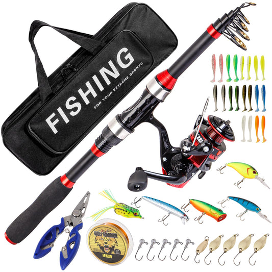 I00000 Black and Red Fishing Rod and Reel Combos with Fiberglass Telescopic Fishing Pole - Spinning Reel Fishing Carrier Bag, Freshwater and Saltwater Fishing Rod Kit,Travel Fishing Kit for Bass Trout