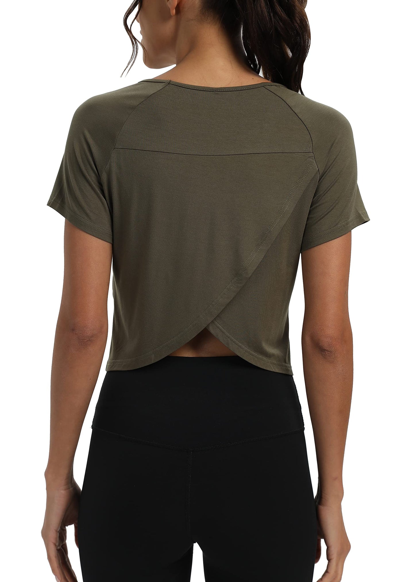 Mippo Short Sleeve Workout Tops Athletic Shirts Gym Clothes Exercise Crop Top Tshirts for Women Loose Fit Army Green S