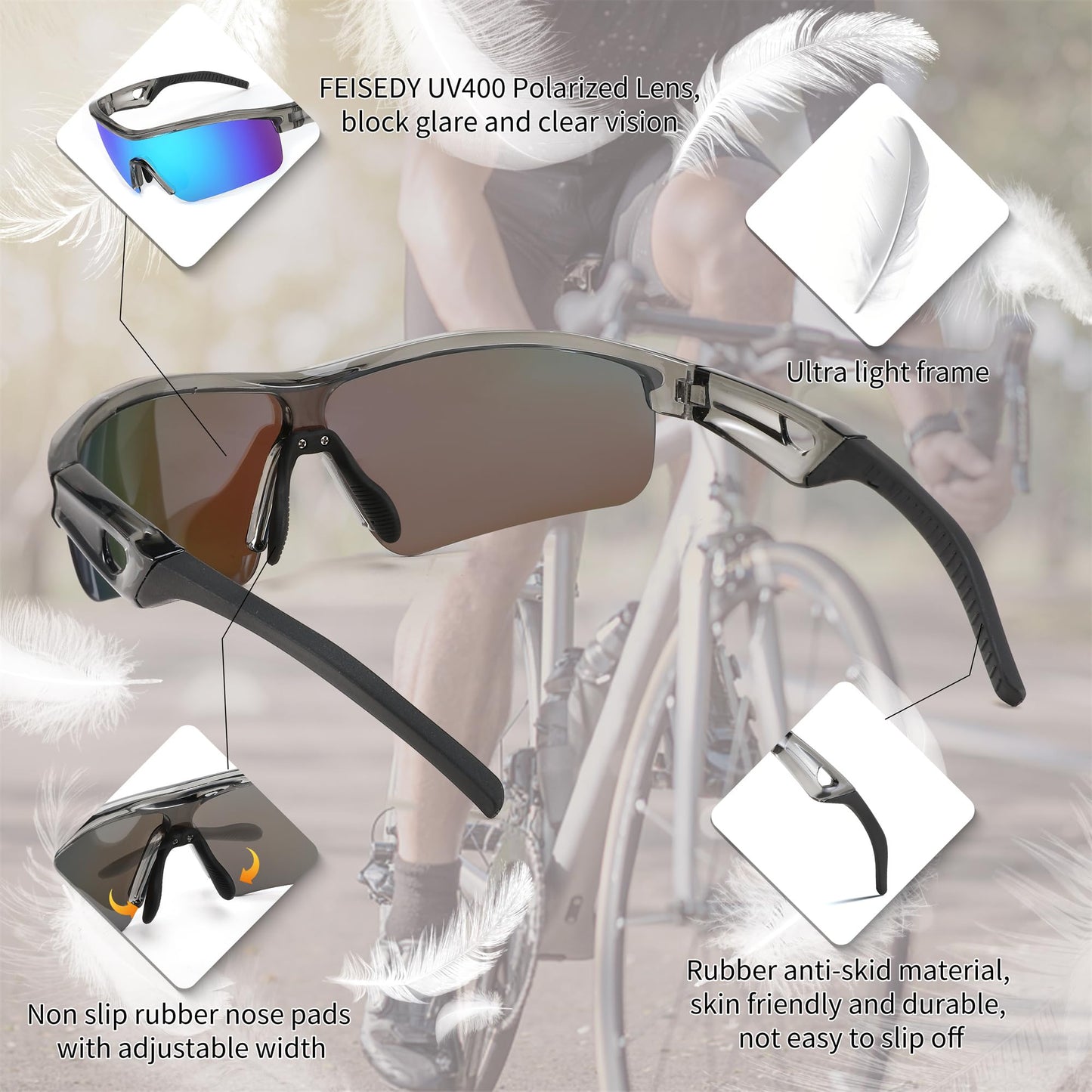 FEISEDY Men Sunglasses, Polarized Cycling Sunglasses, UV400 Sports Baseball Running Fishing Hiking Shades B2372,Grey/Blue