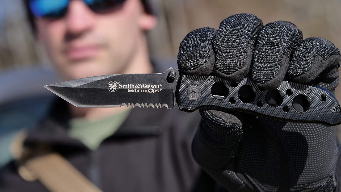Smith & Wesson CK5TBS 7.4in High Carbon S.S. Folding Knife with a 3.2in Serrated Tanto Blade and Aluminum Handle for Outdoor, Tactical, Survival and EDC