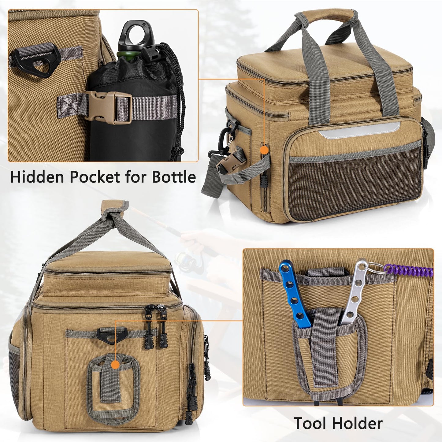 FREEAMG Fishing Tackle Bags - Padded Shoulder Strap Fishing Bags -Saltwater & Freshwater Fishing Bag - Gear Storage for Tackle Box (Kahki) (Does not come with box)