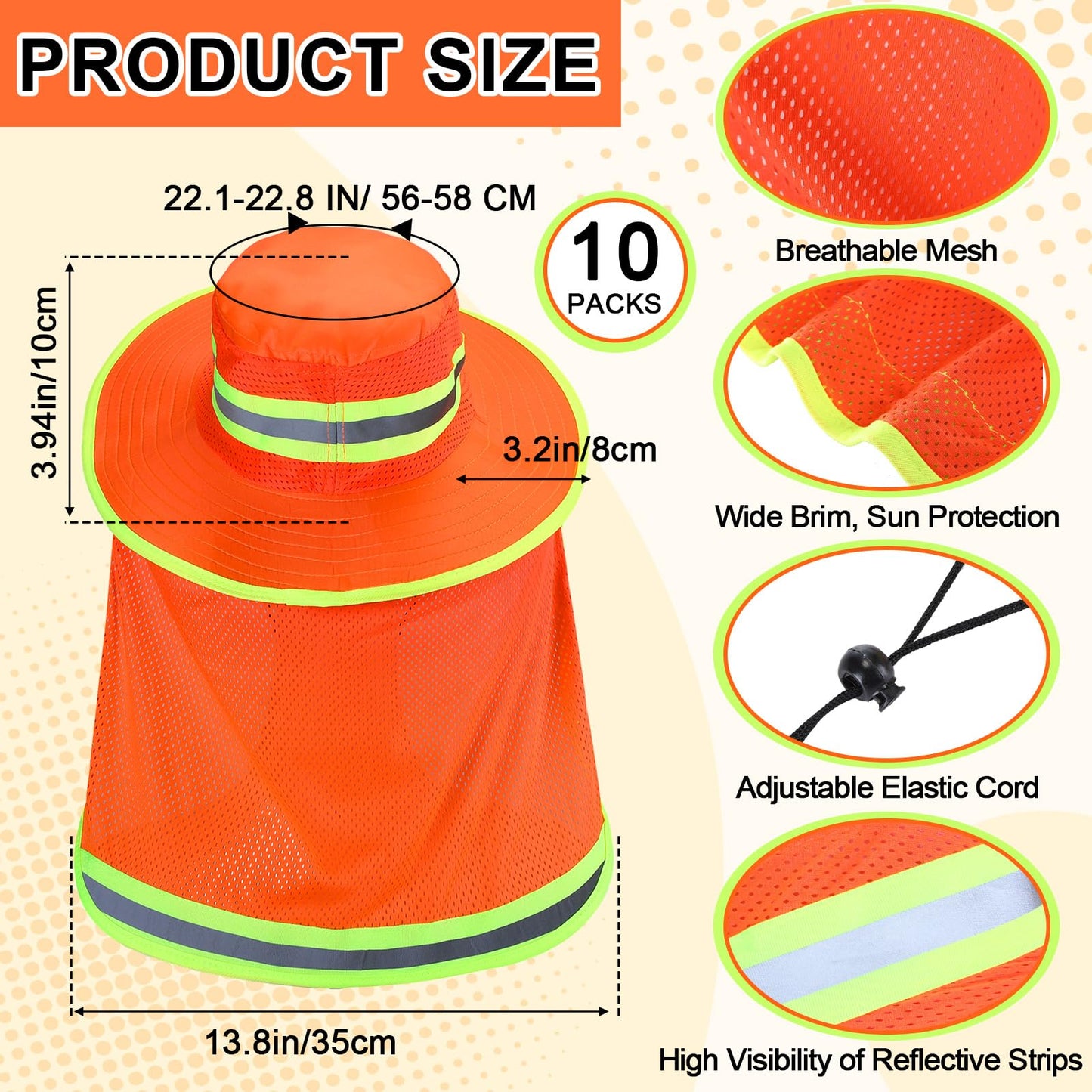 Jexine 10 Pcs High Visibility Reflective Hat with Neck Flap Safety Sun Hat for Men Bucket Cap Boonie Hats Bulk(Yellow, Orange)