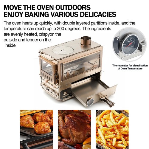 WomeYork Multi-Fuel Camp Stove with Baking Oven & Steel Chimney Pipe – Portable Tent Stove for Outdoor Shelter Heating, Cooking, and Wilderness Survival(Golden)