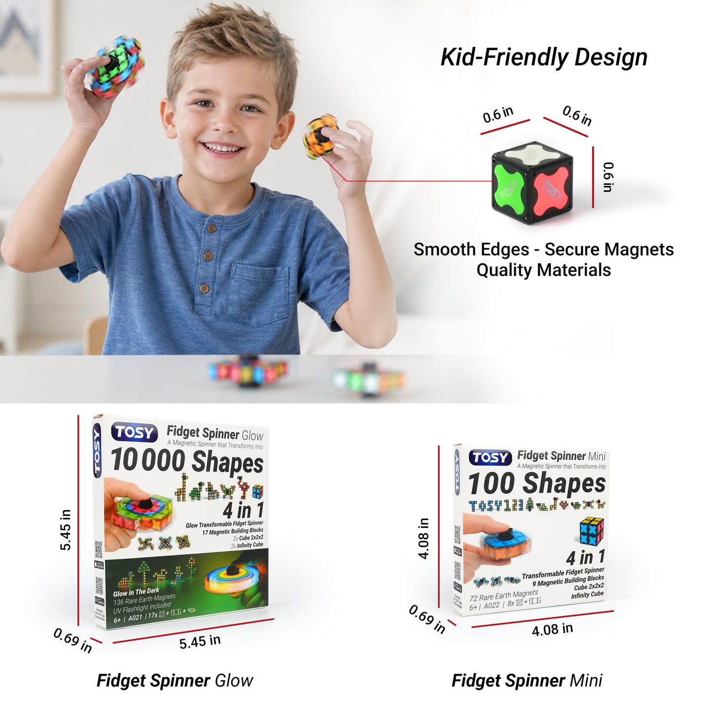 TOSY Magnet Fidget Spinner Mini - 8 Blocks, 3 in 1 Toy: Transformable Fidget Spinner, Infinity Cube, 2x2 Puzzle Cube, Easter Basket Stuffers for Kids/Adults, STEM Sensory Stress Relief Toy