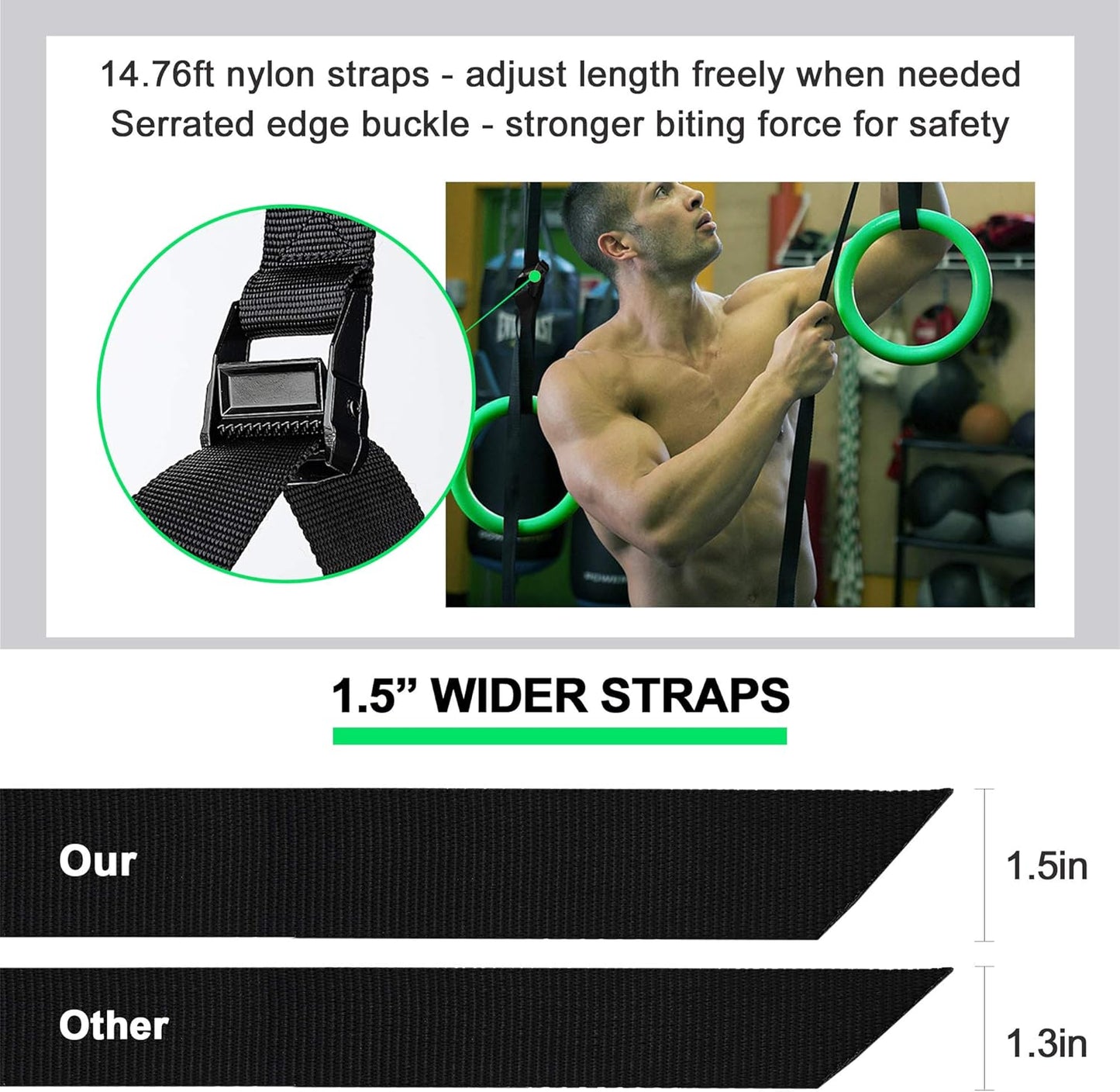 PACEARTH Gymnastic Rings 1100lbs Capacity with 14.76ft Adjustable Buckle Straps Pull Up Exercise Rings Non-Slip Rings for Home Gym Full Body Workout