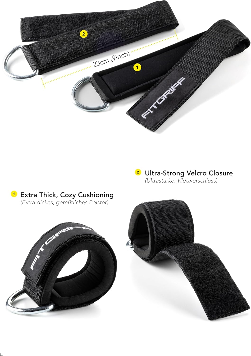 Fitgriff® Ankle Straps V2 for Cable Machine (2 Pieces) - Gym Workout Equipment - Leg Pulley Attachment, Kickback Straps