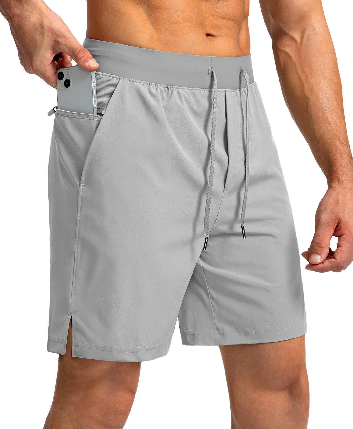 Soothfeel Men's Running Shorts with Zipper Pockets 7 Inch Lightweight Quick Dry Gym Athletic Workout Shorts for Men (Light Grey, 2XS)