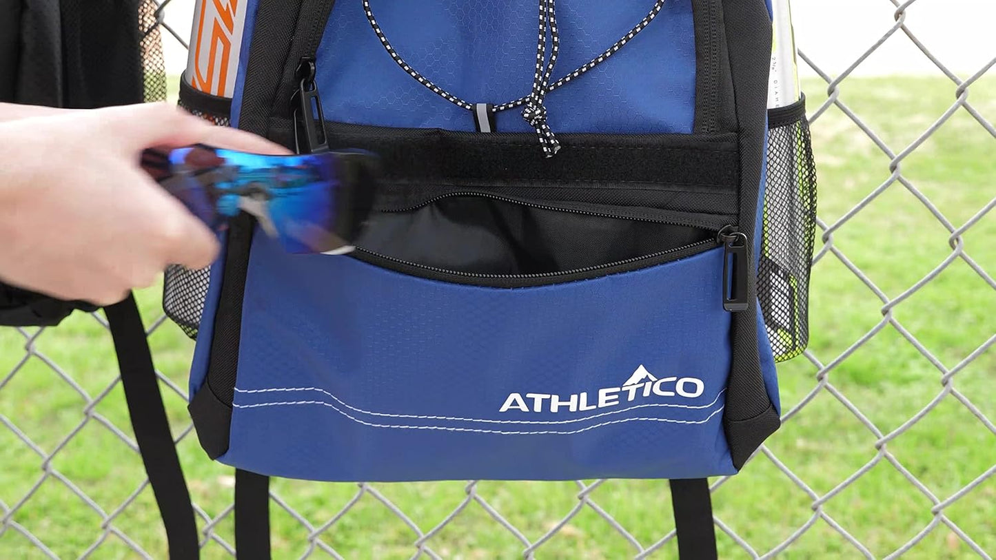 Athletico Youth Baseball Bag - Bat Backpack for Baseball, T-Ball & Softball Equipment & Gear | Holds Bat, Helmet, Glove | Fence Hook (Blue)