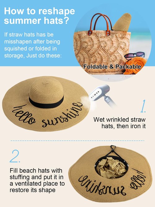Senker Fashion Floppy Beach Hats for Women Straw Sun Hat Foldable Wide Brim Embroidered Roll up Summer Vacation Travel Khaki