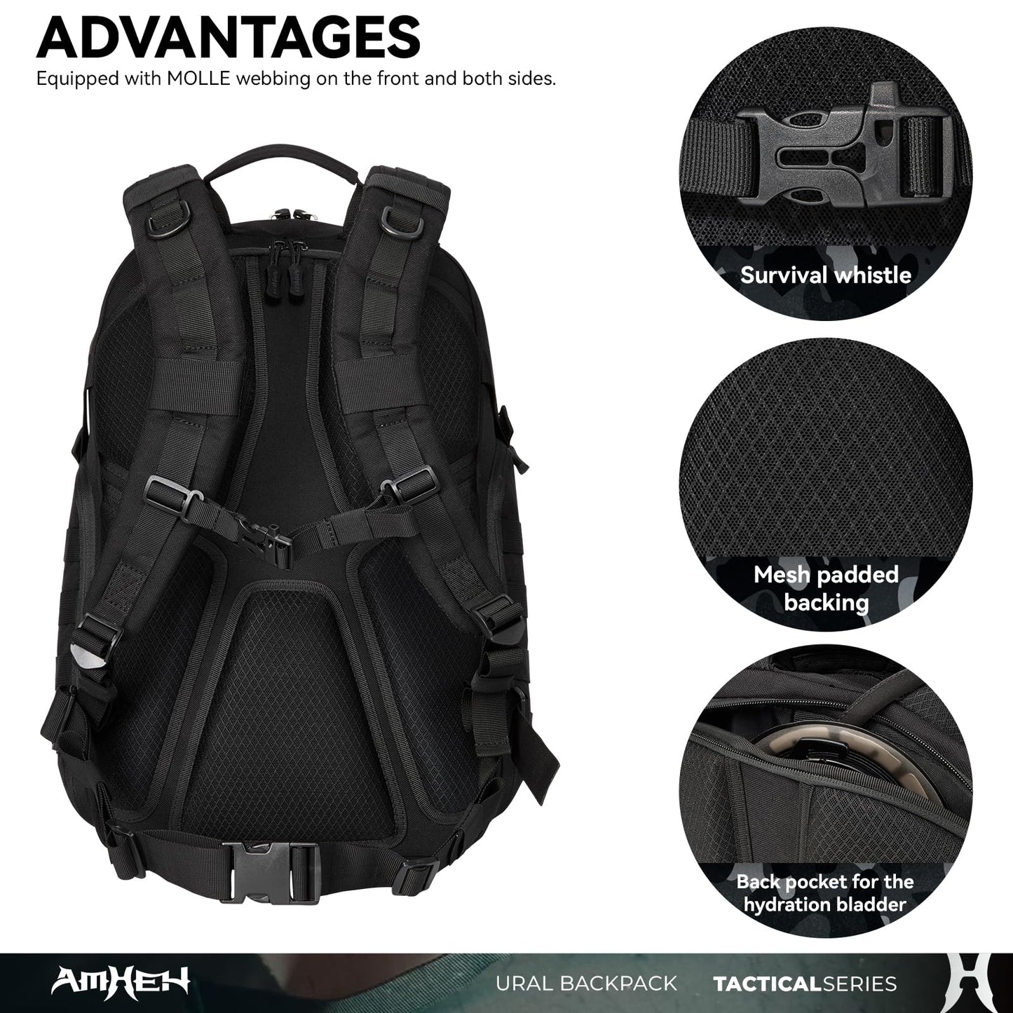 AMHEH 32L Military Tactical Backpack | Fit 17 Inch Laptop, Molle, EDC, Work, Hiking, Survival, Travel, Fit Most Men's Body (Black)