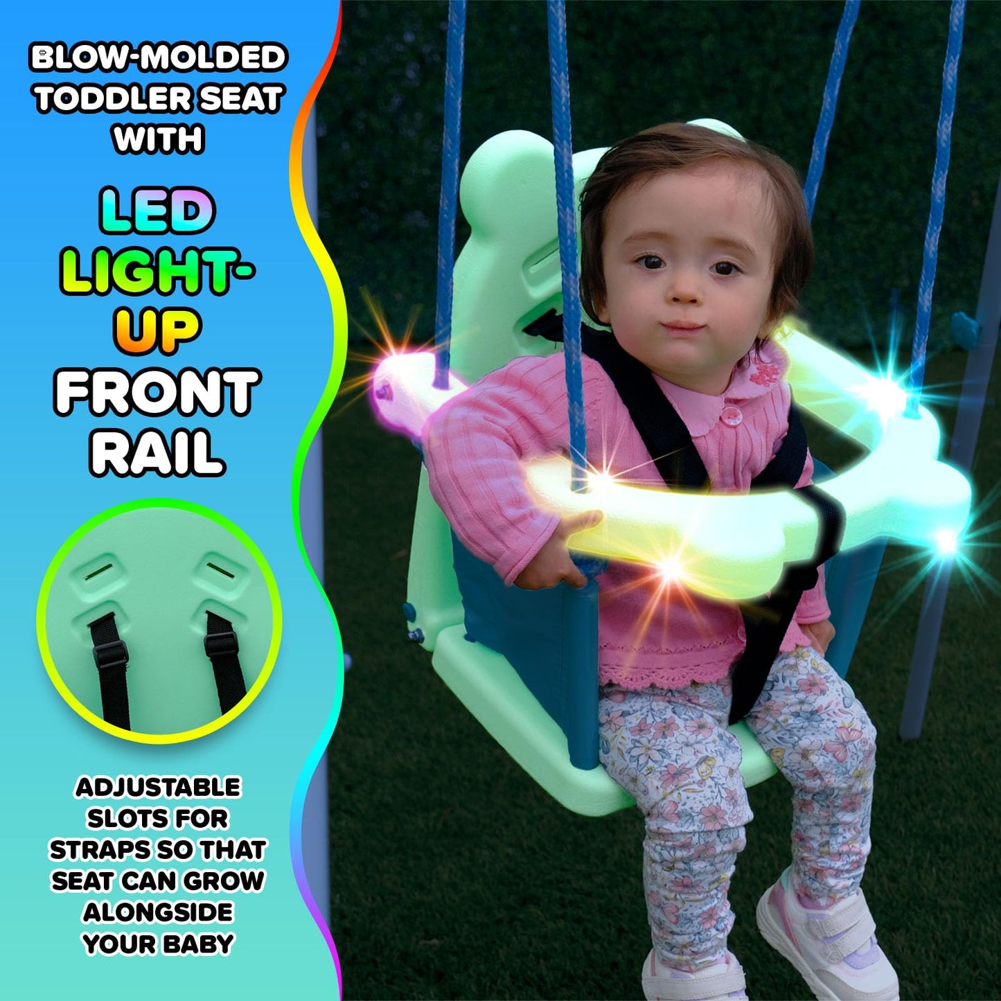 Sportspower My 1st Light-UpToddler Swing - Heavy-Duty Baby Indoor/Outdoor Swing Set with Safety Harness, Light Green, 59" L x 58" W x 49" H