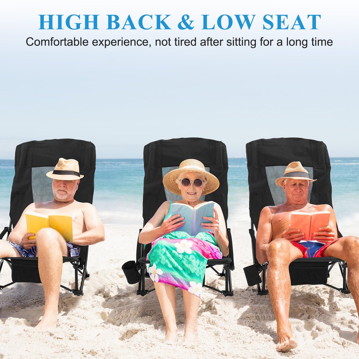 4 Pack Beach Chair for Adult High Back Low Beach Chair Bulk Portable Folding Camping Chairs Lightweight Sand Chairs with Cup Holder Carry Bag for Outdoor Camping Sand Concert