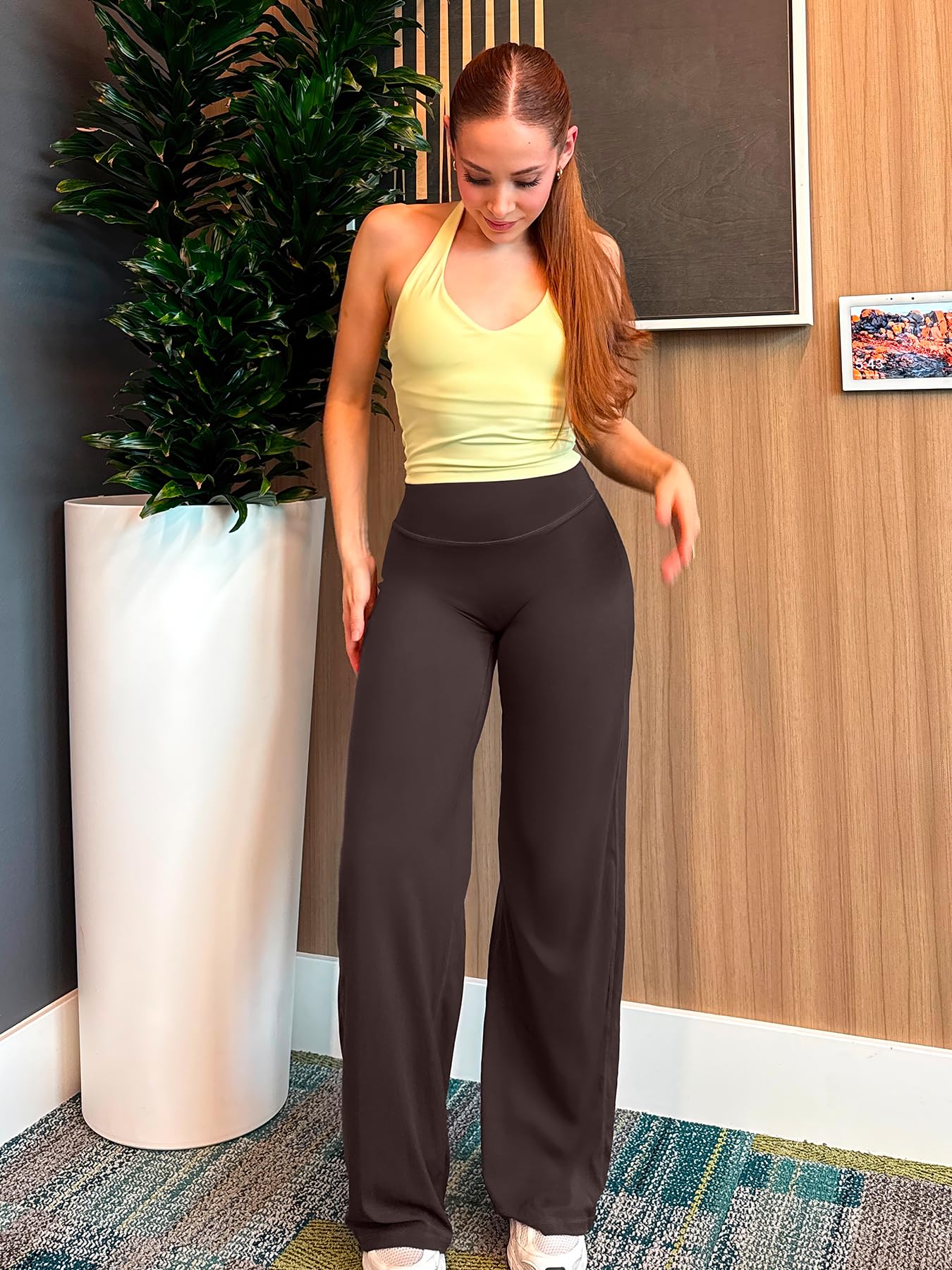 YEOREO Workout Leggings Womens No Front Seam Straight Leggings 31.5" High Waist Buttery Eddiy Gym Yoga Pants Dark Brown M