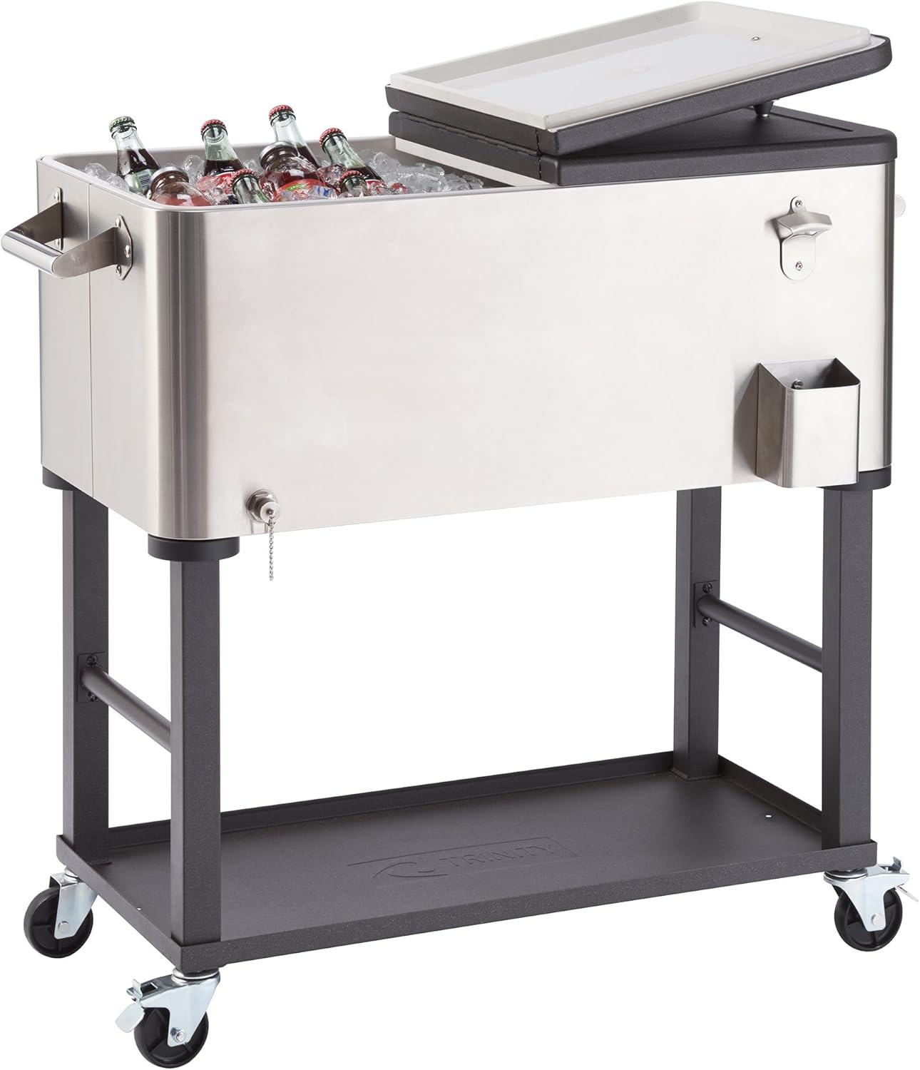 TRINITY Stainless Steel Beverage Cooler and Ice Chest with Wheels and Built-in Bottle Opener, Rolling Cart with Shelf for Patio, Outdoor Bar, and Catering, Detachable Tub, 100 Quart Capacity
