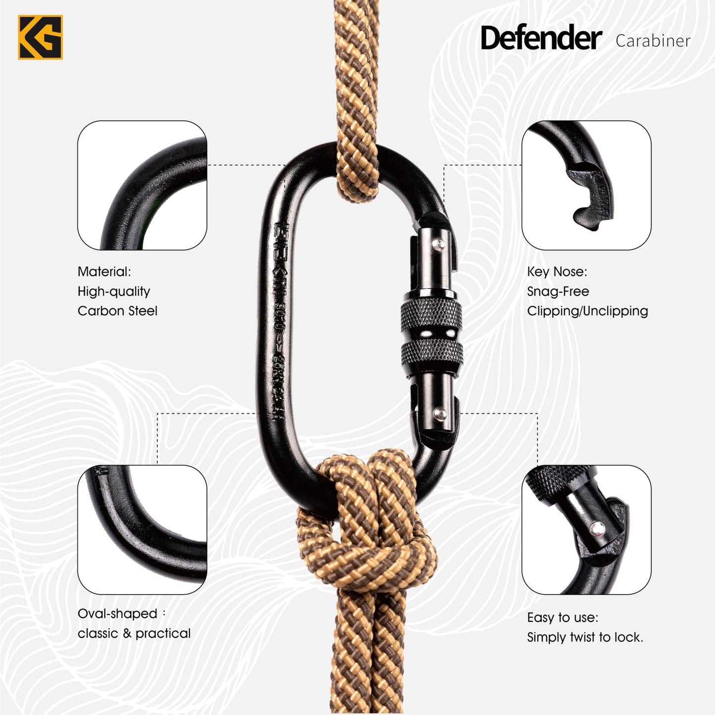 GDK2 Defender CE Certified 25kN Screwgate Locking Carabiner in Size 4.21 x 2.24 inch, Heavy-Duty Carabiners for Climbing, Rappelling, and Mountaineering, Carbon Steel, Midnight Black, 1 Pack