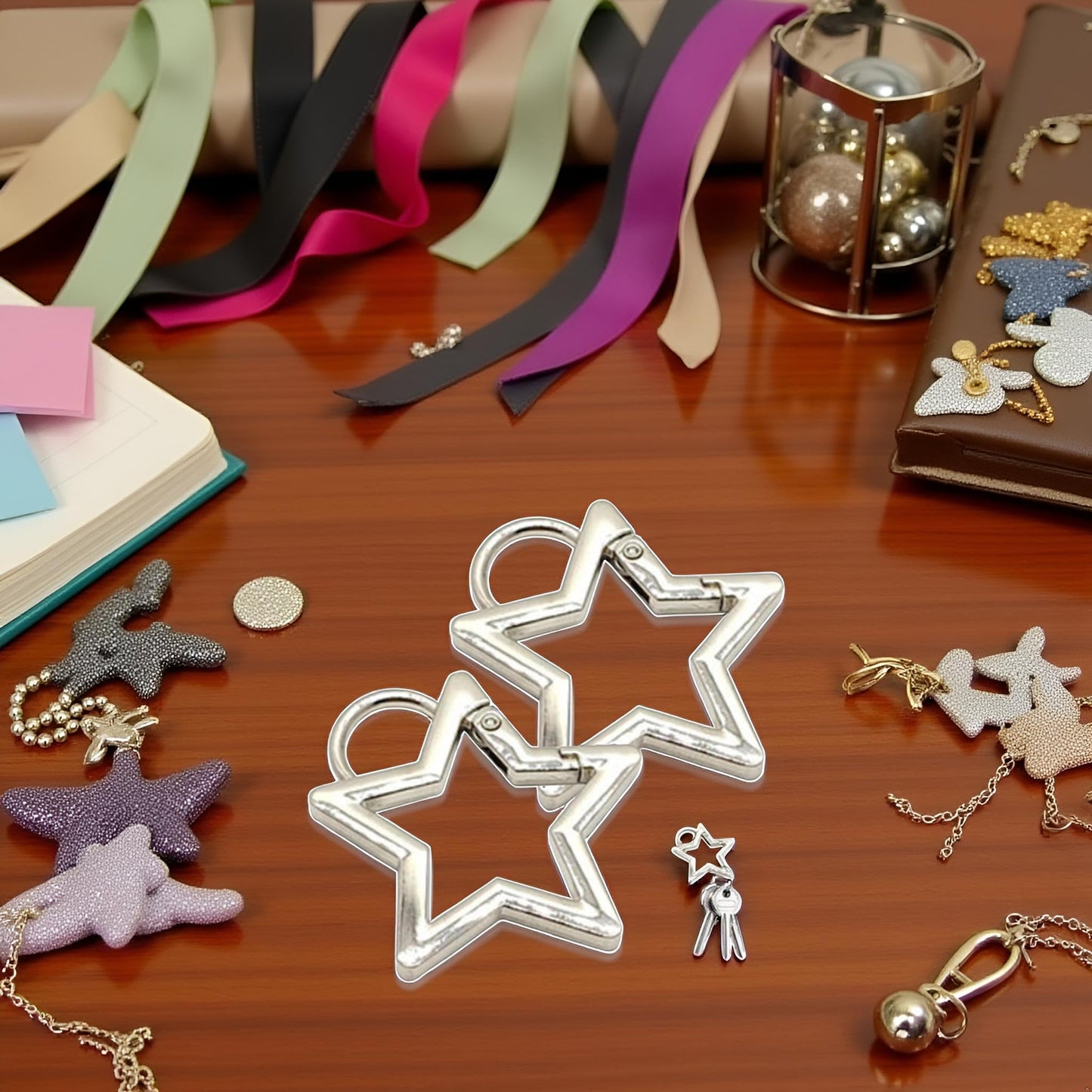 Jowxsx 2Pcs Silver Star Carabiner Clip,Keychain Metal Key Ring Heavy Duty Star Keychain Clip Polished Cute for Sports and Outdoors Craft Making Locking Carabiners Accessory