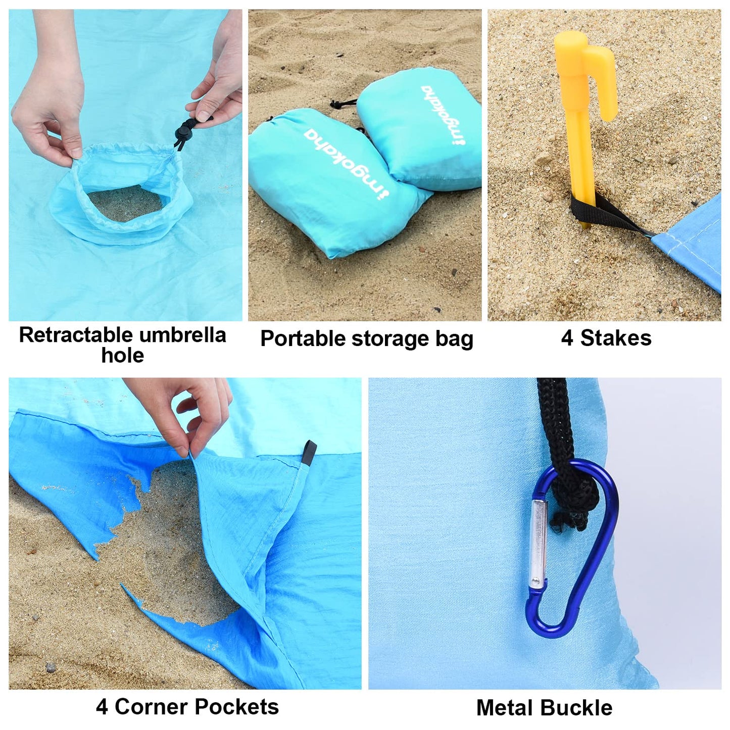 imgokaha Beach Blanket with Umbrella Hole, Large Beach Blanket Waterproof Sandproof, Comfortable Nylon Beach Mat Lightweight with 4 Stakes & 4 Corner Pockets Blue 7FT
