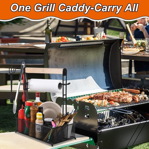 VIKEYHOME Grill Caddy, Picnic BBQ Organizer for Camping Outdoor Mesh Basket with 3 Hanging Hooks and Paper Towel Holder, Ideal Table Storage Tools for RV Camper/Tailgating/Flatware