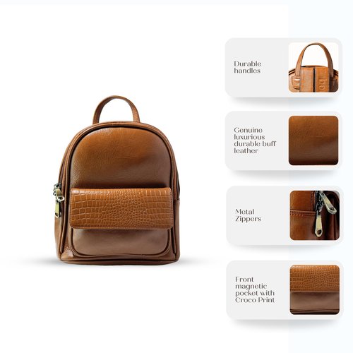 bonahide Genuine Leather Luxury Mini Backpack Multi-functional Elegant Daypack Shopping Travel Leisure (Tan)