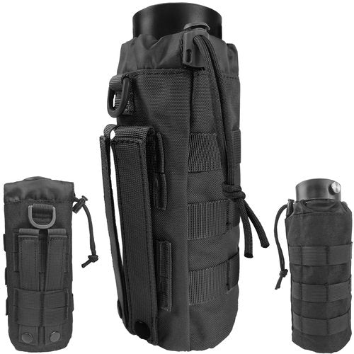 YOWDUTY Tactical MOLLE Water Bottle Holder, Upgraded Water Bottle Pouch with Drawstring Open Top & Mesh Bottom, 16/24/25/32oz Water Bottle Carrier Bag with D-Ring Hook for Backpack(Black)