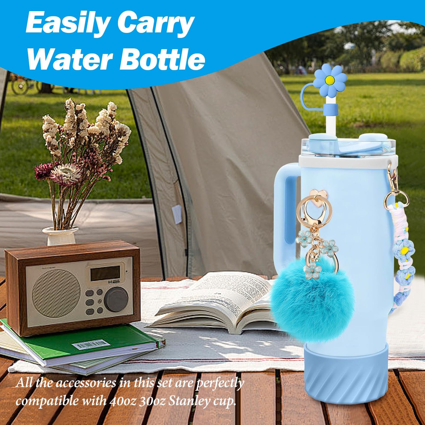 7PCS Accessories Set for Stanley Cup 40 oz 30oz, Including Protective Silicone Boot, Water Bottle Handle Strap, Keychain Charm, Heart Hook, Straw Cover Cap for Stanley Cup Accessories (Blue)